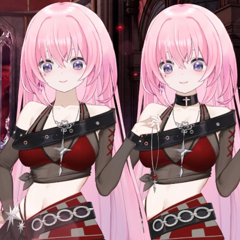 Op de afbeelding: Twee anime-achtige personages met lang roze haar en paarse ogen. Ze dragen bijpassende outfits: een rode top met een zwart harnas, een zilveren ketting en een rok met een kettingontwerp. E&eacute;n heeft een kruis-choker.