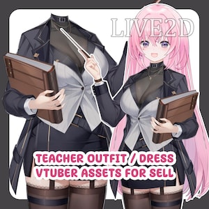 Könnte beinhalten: Digitale Illustration eines Lehrer-Outfits und eines weiblichen Anime-Charakters. Das Outfit umfasst einen schwarzen Blazer, eine weiße Bluse und ein braunes Buch. Der Text lautet "LIVE2D" und "TEACHER OUTFIT / DRESS VTUBER ASSETS FOR SELL".
