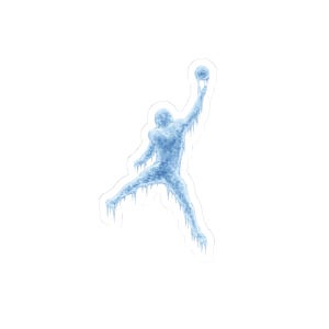 May include: A sticker featuring a blue ice sculpture of a person in mid-air, holding a basketball. The figure is in the iconic Jumpman pose, with icicles dripping from the edges. The background is plain white.
