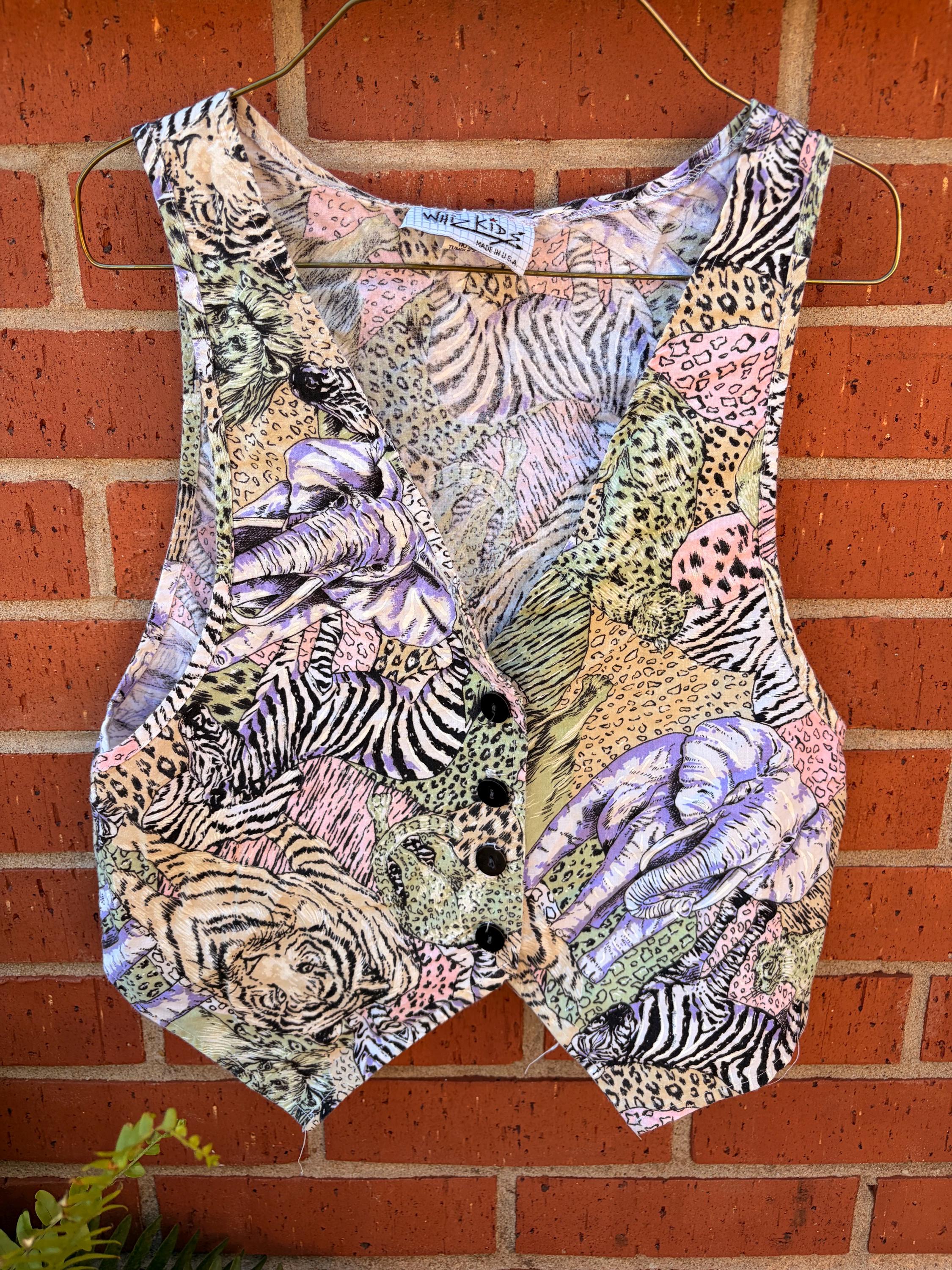 Vintage Kids Safari Animal Print Vest Medium Made in USA Zebra Tiger 90s