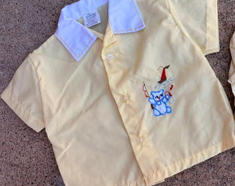 Vintage Baby Outfit 2 Piece Set 0-6 Months Yellow Shirt Shorts Lined Diaper Cover Teddy Bear Sailboat