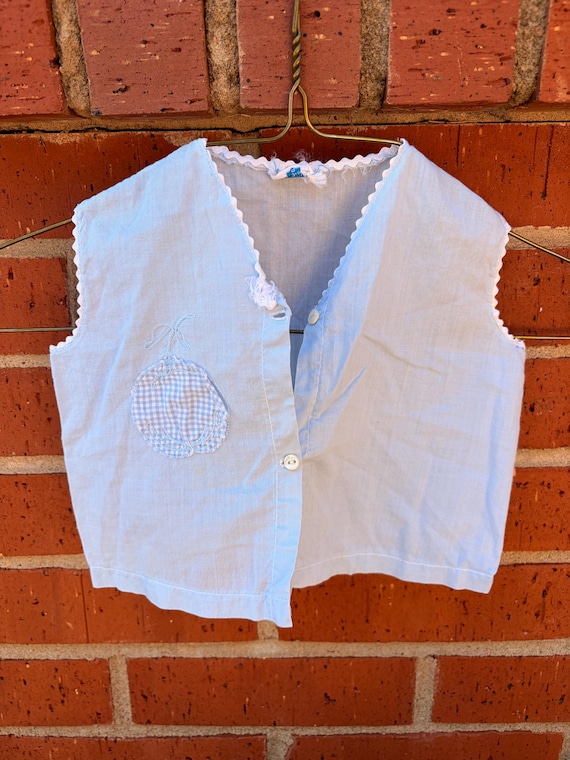 Vintage Baby Vest Blue Cotton Gingham Appliqué | Toddler Vest Size 3 | 60s Childrenswear | Heirloom Baby Clothing