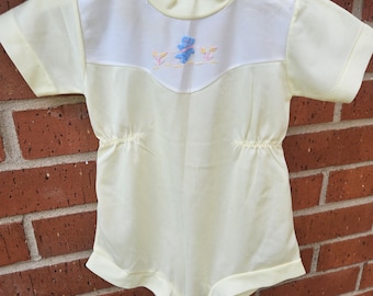 Vintage Baby Romper Yellow Short Sleeve One-Piece Embroidered Bear & Flowers 1950s/60s Infant Outfit