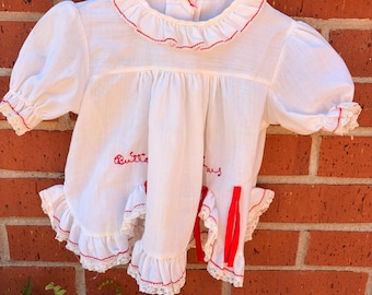 Vintage Baby Dress White Red Trim Embroidered Buttons and Bows Ruffle Lace Infant Dress