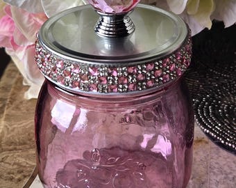 Pink Glass Jar with Crystal Knob & Rhinestone Lid