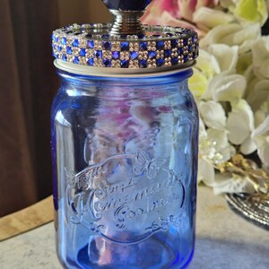 Cobalt Blue Mason Jar: 16 Ounce, Crystal Knob, Rhinestone Wrap
