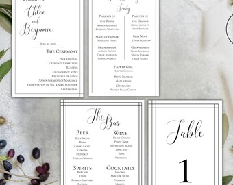 Modern Minimalist Wedding Decor Bundle | Editable Canva Templates | Table Numbers, Bar Menus, Ceremony Programs | Printable Set