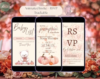 Pink Pumpkin Baby Shower Animated Invitation with RSVP | Editable Canva Template & Google Form Tracker | Fall Baby Girl Invite