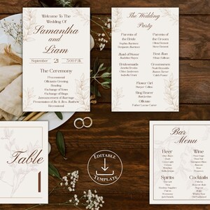 Può includere: Set di cancelleria per matrimoni a tema rustico. Include un programma di nozze, un menu bar, un numero di tavolo e i dettagli della cerimonia. Il design presenta accenti floreali e i nomi Samantha e Liam.