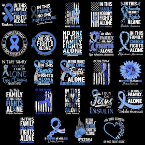 In This Family Nobody Fights Alone PNG, Diabetes Awareness Blue Ribbon Clipart, T1D Diabetic Support Sublimation, Digital Download