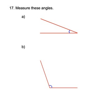 May include: A white page with the text "17. Measure these angles." followed by two diagrams. The first diagram shows an acute angle, and the second shows an obtuse angle. Both angles are marked with a blue arc.