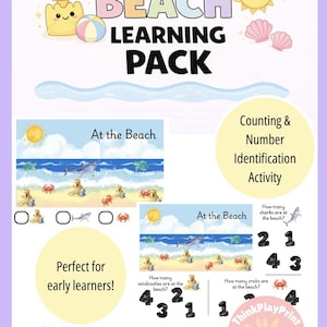 Op de afbeelding: Een Beach Learning Pack met illustraties van een strandscène, inclusief een zon, zandkasteel en oceaan. Het pakket bevat een tel- en nummeridentificatie-activiteit. De tekst luidt "Direct downloaden" en "Printen, lamineren en gebruiken!"