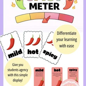 May include: A colorful educational poster with a "Spicy Meter" graphic, featuring a scale from yellow to red, and cartoon chili peppers. Includes cards labeled "mild," "hot," and "spicy," with text: "Differentiate your learning with ease."