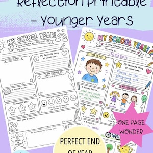 May include: Two printable end-of-year reflection pages for younger students. The pages feature prompts for self-reflection, including favorite things, friends, and goals. The design includes illustrations and space for drawings.