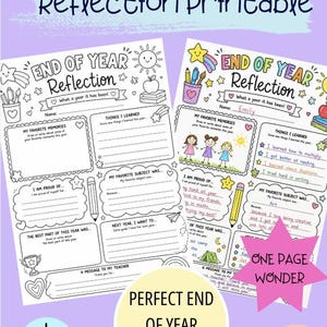 May include: A printable End of Year Reflection worksheet with a purple background. The worksheet has spaces for favorite memories, things learned, and goals. Includes a digital download option.