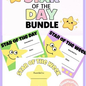 Op de afbeelding: Een digitale downloadbundel met certificaten voor "Star of the Day" en "Star of the Week". Het ontwerp bevat lachende gele sterren, pastelkleuren en de tekst "Direct downloaden" en "Afdrukken en gebruiken!"