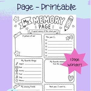 Pode incluir: Página de memória imprimível em preto e branco com o texto "End of Year Memory Page - Printable". Inclui seções para fotos, coisas favoritas e memórias. Apresenta um gráfico em forma de estrela que diz "1 Page Wonder!"