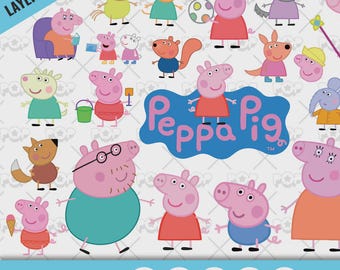 Peppa Pig verjaardagsclipartpakket, printbare feestdecoratie in PNG-, PDF-, SVG- en DXF-formaat, digitale download voor kinderfeestdecoratie, direct te downloaden.