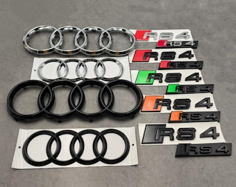 4 piezas de emblema de parrilla para Audi RS4: anillo delantero de 273 mm, anillo trasero de 192 mm, insignia de portón trasero.