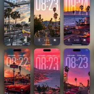Puede incluir: Seis pantallas de bloqueo de smartphone con paisajes californianos al atardecer. Cada pantalla muestra la hora y la fecha, con imágenes de palmeras, carreteras y coches clásicos.
