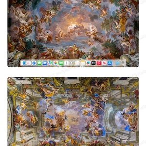 Puede incluir: Un fondo de pantalla de escritorio de ordenador con una detallada pintura de techo de estilo renacentista con figuras, nubes y elementos arquitectónicos. La obra de arte es rica en color, con un enfoque en azules, dorados y blancos. La parte inferior de la pantalla muestra el dock con varios iconos de aplicaciones.