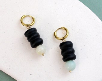 Sloane Earrings // beaded natural green gemstone polymer clay bead threader earrings
