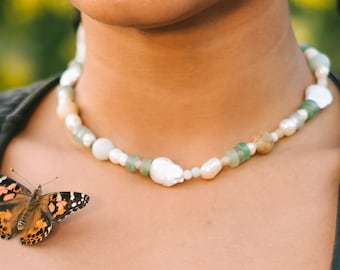 Radiance Necklace // Freshwater pearl beaded natural green gemstone chocker necklace gold filled