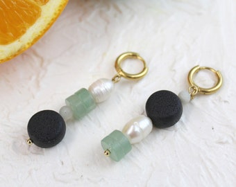 Pheobe Earrings // beaded natural freshwater pearl green gemstone polymer clay bead threader earrings