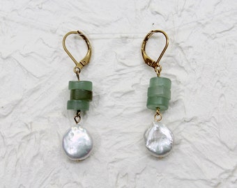 Senna Earrings // beaded natural freshwater pearl green gemstone polymer clay bead threader earrings