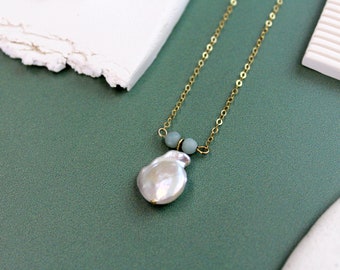 Margo Necklace // Freshwater pearl beaded natural green gemstone chocker necklace gold filled