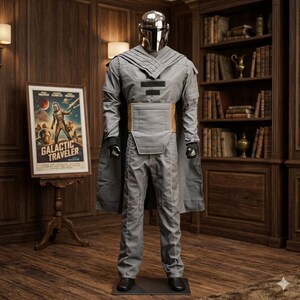 Puede incluir: Un disfraz de cuerpo completo que incluye un casco de metal plateado con visera oscura, una t&uacute;nica gris de manga larga con detalles estructurados en los hombros, un cintur&oacute;n color canela, pantalones grises a juego y una capa gris larga.