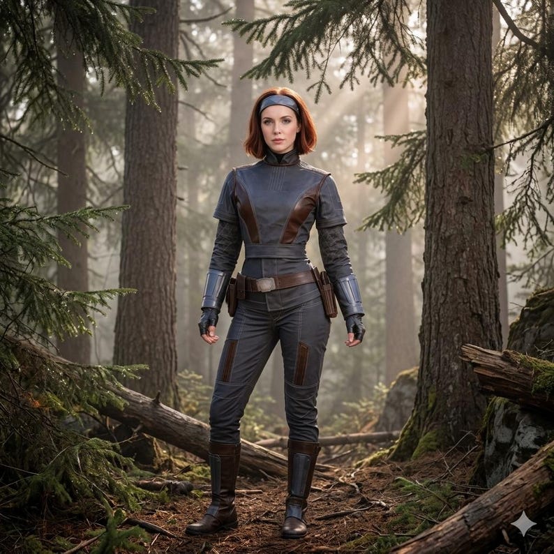 May include: A person with shoulder-length auburn hair wearing a dark grey tactical jumpsuit with brown leather accents, a matching belt with pouches, dark grey forearm guards, fingerless gloves, a headband, and tall dark grey boots.