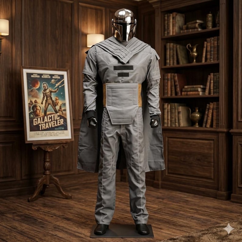 Puede incluir: Un disfraz de cuerpo completo que incluye un casco de metal plateado con visera oscura, una t&uacute;nica gris de manga larga con detalles estructurados en los hombros, un cintur&oacute;n color canela, pantalones grises a juego y una capa gris larga.