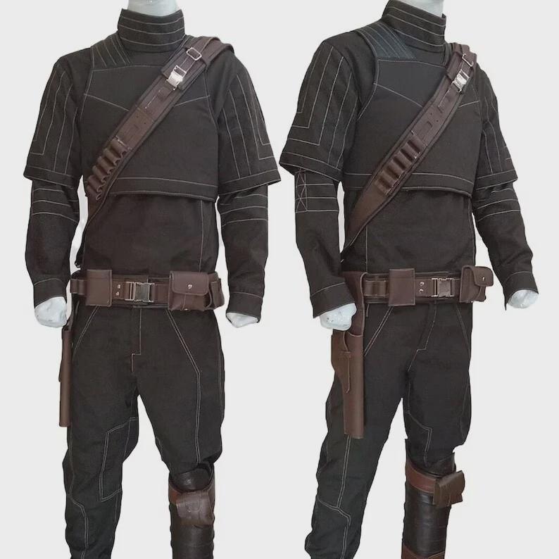 May include: A black long-sleeved shirt and pants set featuring white contrast stitching, a high collar, and a brown utility belt with pouches and a holster. A brown shoulder strap with metallic buckles and loops is worn across the chest.