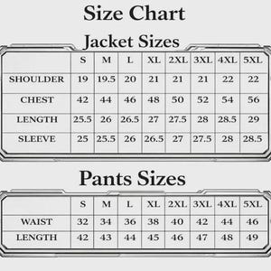 May include: A black and white size chart for jackets and pants. The jacket section lists shoulder, chest, length, and sleeve measurements for sizes S through 5XL. The pants section lists waist and length measurements for sizes S through 5XL.