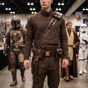 Peut inclure: Une chemise &agrave; manches longues et un pantalon assorti de couleur marron fonc&eacute; avec des coutures apparentes, port&eacute;s avec une ceinture utilitaire en cuir marron, une bandouli&egrave;re avec une petite pochette et un &eacute;tui fix&eacute; sur la cuisse droite.