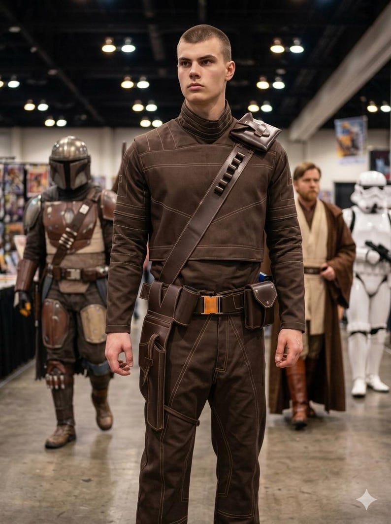 Peut inclure: Une chemise &agrave; manches longues et un pantalon assorti de couleur marron fonc&eacute; avec des coutures apparentes, port&eacute;s avec une ceinture utilitaire en cuir marron, une bandouli&egrave;re avec une petite pochette et un &eacute;tui fix&eacute; sur la cuisse droite.