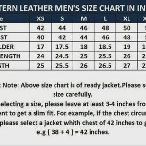 May include: A size chart for a jacket with a table listing measurements in inches for chest, waist, shoulder, sleeve length, and total length across sizes XS to XXXL. It includes a note advising to leave 3-4 inches from body measurements.