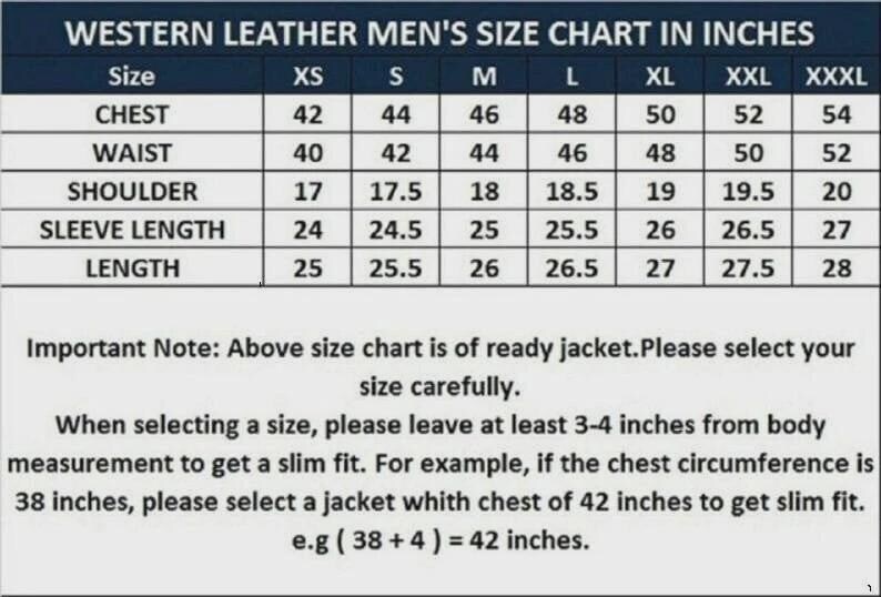 May include: A size chart for a jacket with a table listing measurements in inches for chest, waist, shoulder, sleeve length, and total length across sizes XS to XXXL. It includes a note advising to leave 3-4 inches from body measurements.
