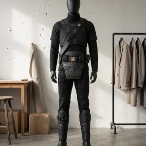 May include: A black tactical outfit worn by a mannequin, featuring a long-sleeve shirt, a chest plate, a utility belt with a central buckle, and matching black trousers. The ensemble includes tall black boots with side straps and a shoulder strap.