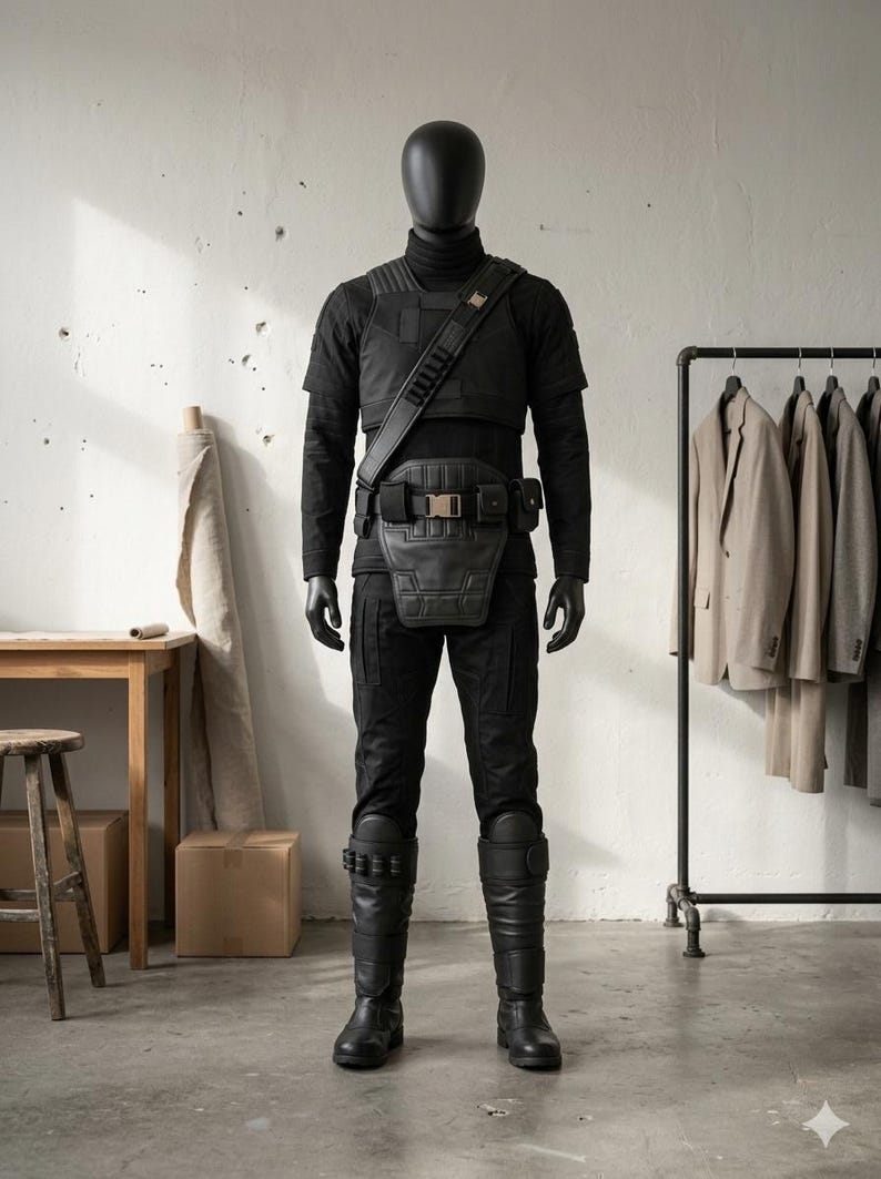 May include: A black tactical outfit worn by a mannequin, featuring a long-sleeve shirt, a chest plate, a utility belt with a central buckle, and matching black trousers. The ensemble includes tall black boots with side straps and a shoulder strap.