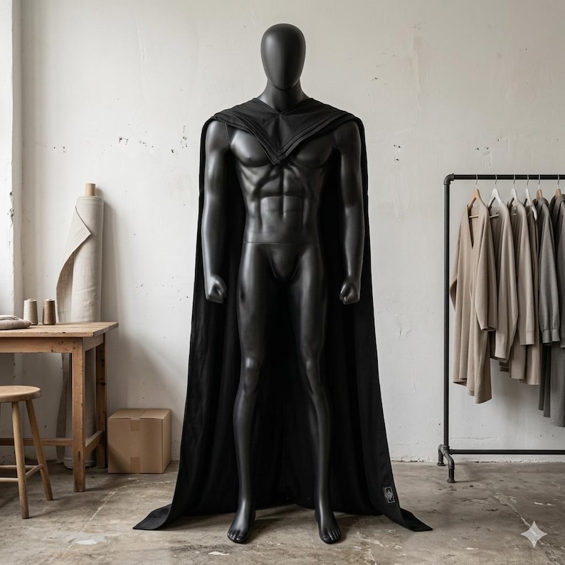 Puede incluir: Un maniqu&iacute; de cuerpo completo en color negro mate que viste una capa larga de color negro s&oacute;lido que cae desde los hombros hasta el suelo. La capa presenta un escote en V y una peque&ntilde;a etiqueta rectangular cerca del dobladillo inferior.