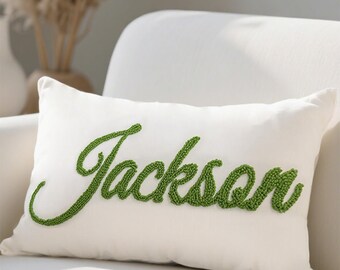 Personalized Embroidered Pillow, Custom Wool Cushion, Textured Name Gift
