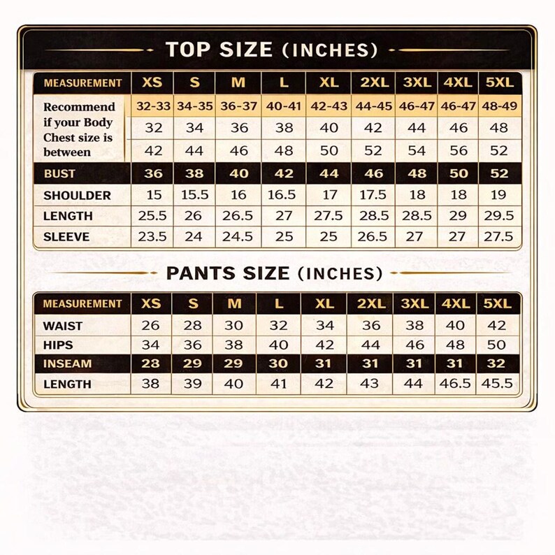 May include: A black and white sizing chart for tops and trousers with measurements in inches. The table lists sizes from XS to 5XL, detailing bust, shoulder, length, and sleeve for tops, and waist, hips, inseam, and length for trousers in a grid format.