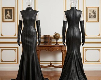Black Leather Evening Gown – High-Neck Mermaid Style – Custom Fit Full-Length Couture Statement Dress