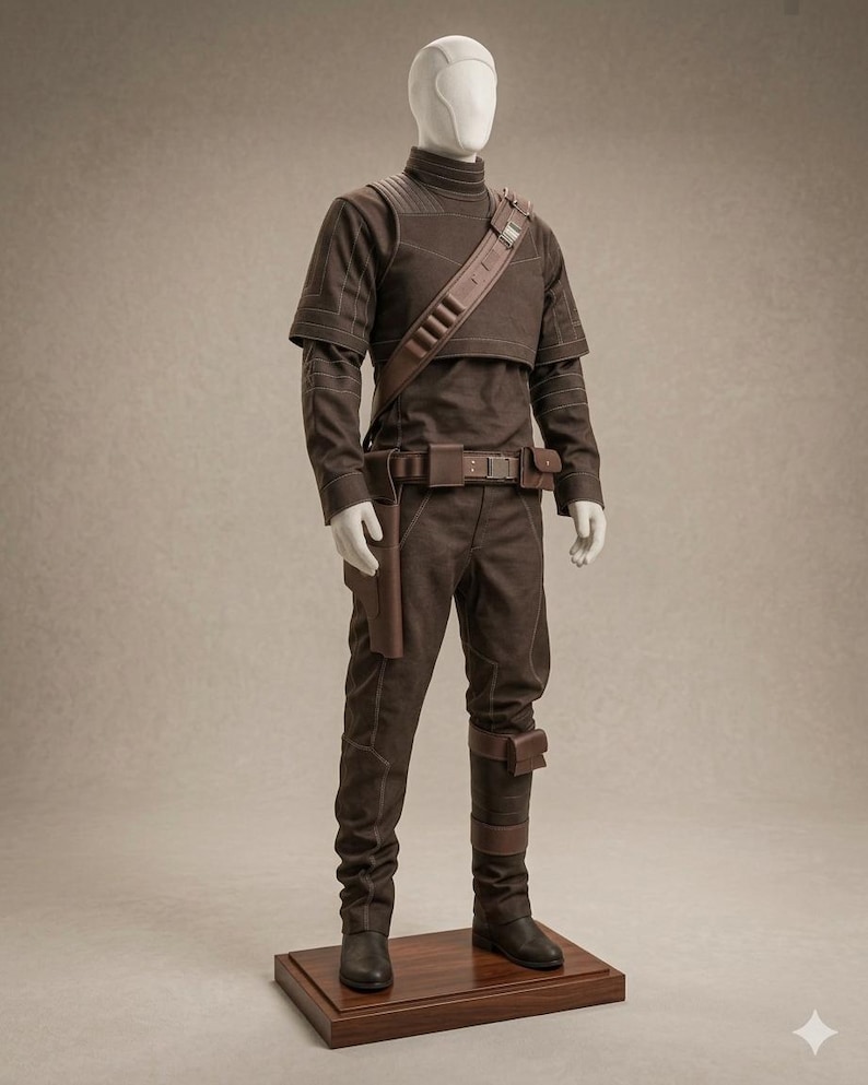 May include: A dark brown tactical costume set displayed on a mannequin, featuring a high-neck long-sleeve shirt, matching trousers, a diagonal shoulder strap with utility slots, a waist belt with pouches and a holster, and dark brown boots.