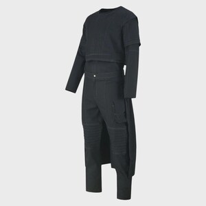 May include: A black long-sleeved top and matching trousers set featuring prominent white contrast stitching. The top has a cropped silhouette with layered shoulder detailing, while the trousers include a side pocket and ribbed knee panels.