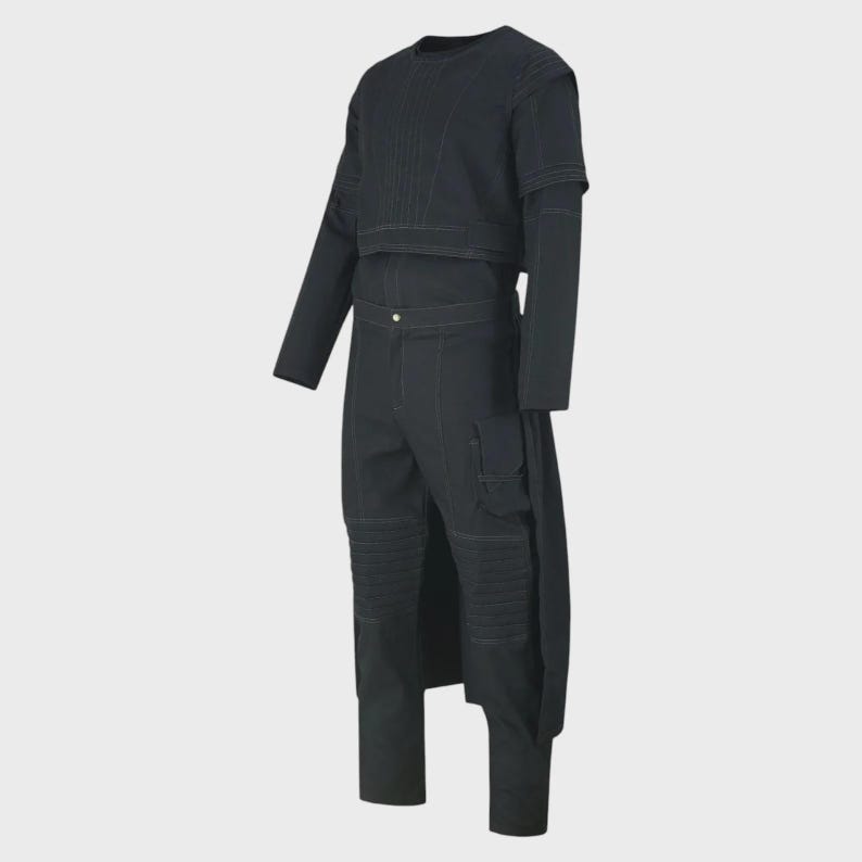 May include: A black long-sleeved top and matching trousers set featuring prominent white contrast stitching. The top has a cropped silhouette with layered shoulder detailing, while the trousers include a side pocket and ribbed knee panels.