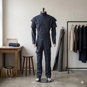 Peut inclure: Un ensemble deux pi&egrave;ces bleu marine fonc&eacute; sur un mannequin, compos&eacute; d'un haut &agrave; manches longues et col montant avec des d&eacute;tails c&ocirc;tel&eacute;s aux &eacute;paules, assorti d'un pantalon cargo dot&eacute; de grandes poches lat&eacute;rales et d'une coupe structur&eacute;e.