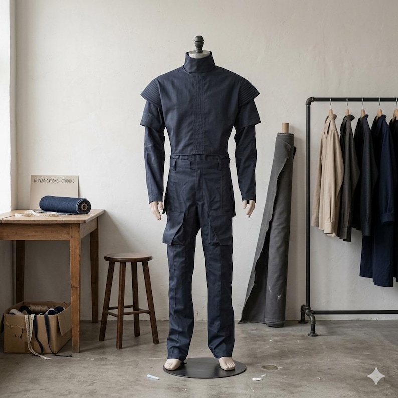 Peut inclure: Un ensemble deux pi&egrave;ces bleu marine fonc&eacute; sur un mannequin, compos&eacute; d'un haut &agrave; manches longues et col montant avec des d&eacute;tails c&ocirc;tel&eacute;s aux &eacute;paules, assorti d'un pantalon cargo dot&eacute; de grandes poches lat&eacute;rales et d'une coupe structur&eacute;e.